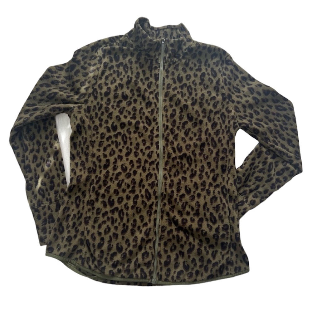 Old Navy Active Jacket Womens Medium Green Animal Print Zip Front Fleece Pockets
